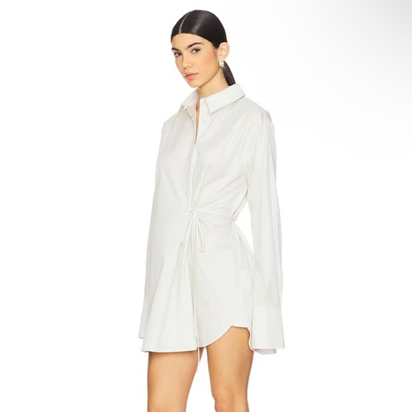 EAVES Bibas Mini Shirt Dress Chalk Cream Button-Up Shirt poplin tie Revolve XS - Picture 2 of 10